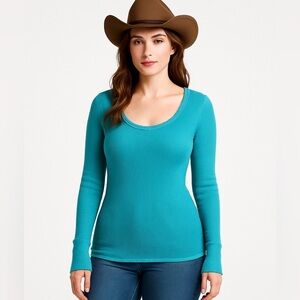 DECREE Womens Top Blouse Blue Green Long Sleeve Knit Size Medium Casual